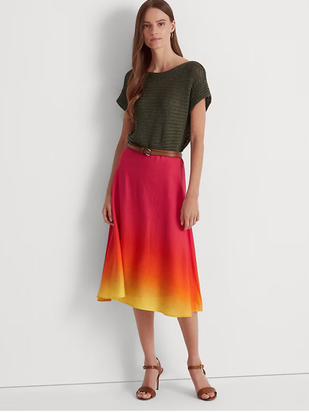LAUREN RALPH LAUREN Pink Ombré Linen-Blend Midi A-Line Skirt--NWT--4P